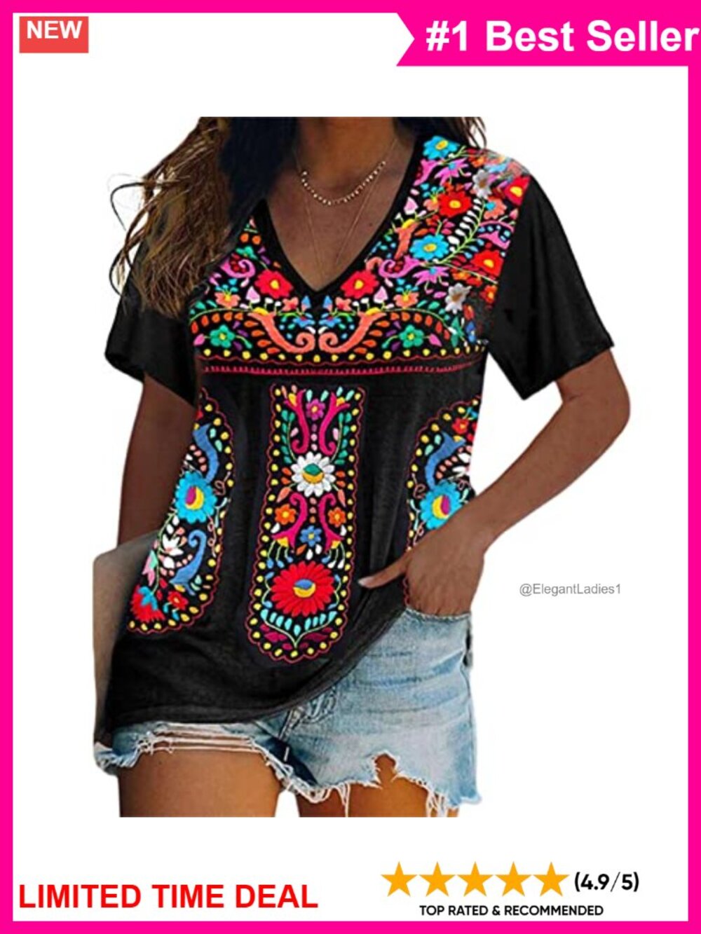 Women's Floral Embroidered Boho Short Sleeve T-Shirt Loose Fit V-Neck Casual Top